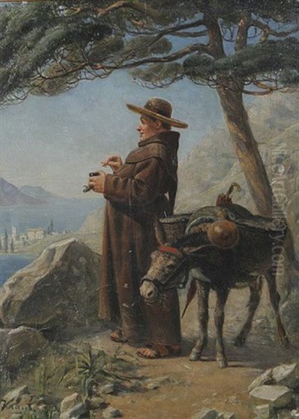 Monch Mit Esel Blickt Von Einer Anhohe Auf Das Meer Oil Painting by August Kraus