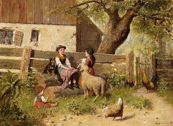 Drei Madchen Mit Schafen Und Huhnern Am Zaun Oil Painting by August Kraus