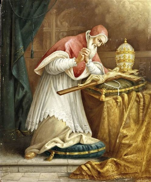 Der Hl. Papst Pius V Verehrt Den Gekreuzigten Oil Painting by August Kraus