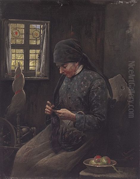 Strickende Bauerin Neben Spinnrocken Und Obstschale An Einem Fenster Oil Painting by Gustave Adolf Krausche