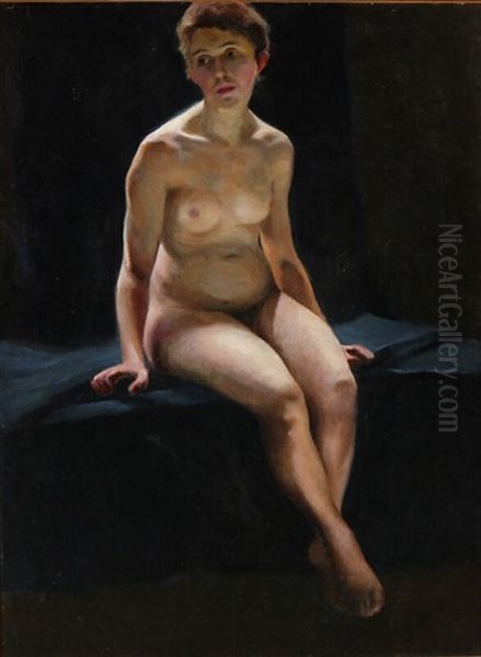 Study Of A Seated Female Nude Oil Painting by Emil Axel Krause