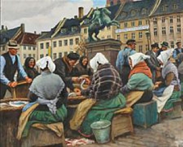 Fishermens' Wives Selling Fish At Hojbro Plads, Copenhagen Oil Painting by Emil Axel Krause