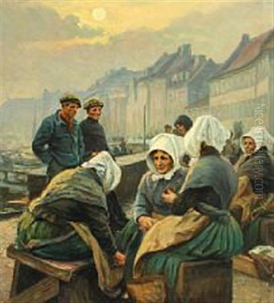 Fishermen's Wives At Gammel Strand, Copenhagen Oil Painting by Emil Axel Krause