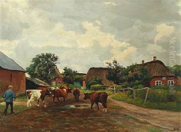 Ved Malketid, Toftum Romo (milking Time, Toftum Romo) Oil Painting by Emil Axel Krause