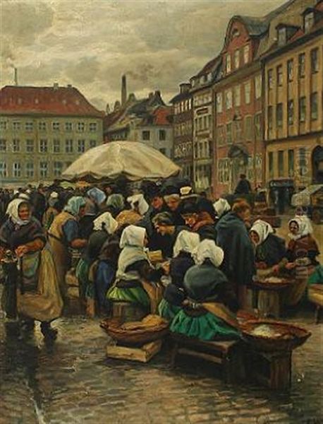 Scene From The Fish Market At Gl. Strand In Copenhagen Oil Painting by Emil Axel Krause