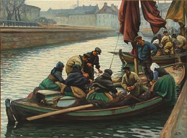 A Scene From Gl. Strand In Copenhagen, Where Fishermen And Wives Are Cleaning Fish On Board The Boats Oil Painting by Emil Axel Krause