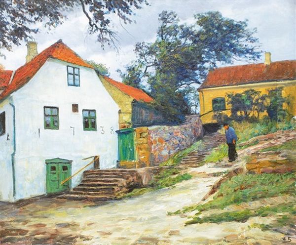 Old Danish Farmyard Oil Painting by Emil Axel Krause