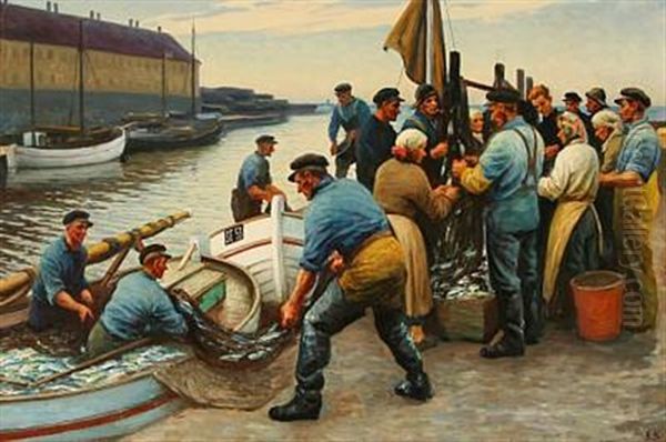 Harbour Scene From Christianso Island With Fishermen On The Quay Oil Painting by Emil Axel Krause