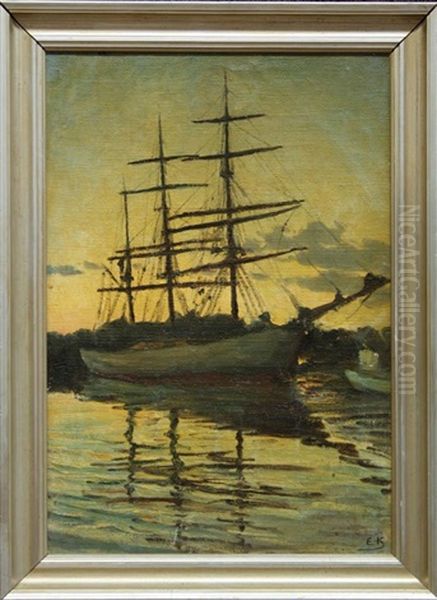 Ship At Dusk Oil Painting by Emil Axel Krause