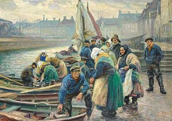 Skovserkonerne Tager Imod Dagens Fangst Pa Gammel Strand Oil Painting by Emil Axel Krause