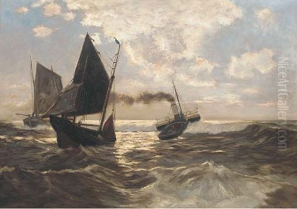 Steam And Sails On Choppy Waters Oil Painting by Emil Axel Krause