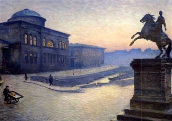 Udsigt Mod  Christiansborg Med Absalons Rytterstatue I Forgrunden, Solnedgang Oil Painting by Emil Axel Krause