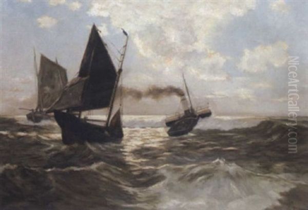 Schiffe Auf Hoher See Oil Painting by Emil Axel Krause