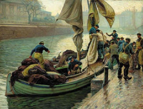 Fishermen By A Dutch Canal Oil Painting by Emil Axel Krause