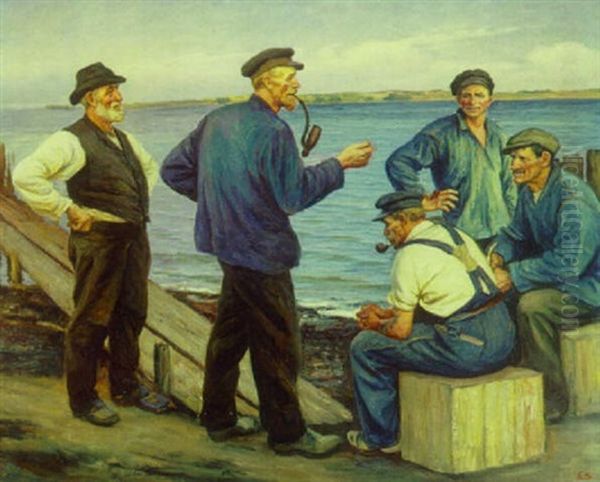 Fiskere I Samtale Ved En Badsbro Oil Painting by Emil Axel Krause