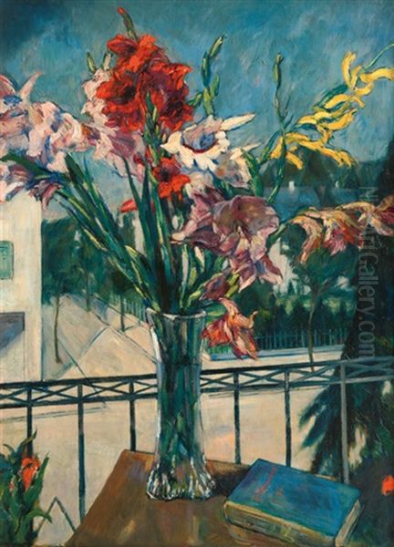 Vase With Gladioli On A Balcony Oil Painting by Erich Krause