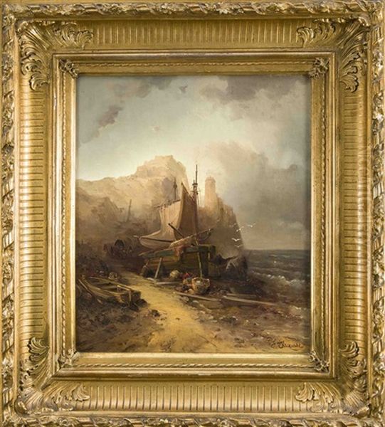 Fischerboot An Felsiger Kuste Mit Leuchtturm Oil Painting by Franz Emil Krause