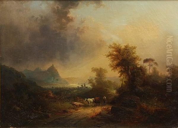 Figure With Bulls In Neoclassical Landscape Oil Painting by Franz Emil Krause