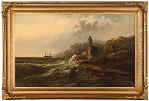 German Coastal View With Figures Near A Lighthouse And A Distant Steam Ship Oil Painting by Franz Emil Krause