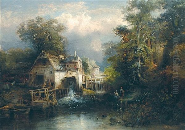 Wassermuhle In Waldlandschaft Oil Painting by Franz Emil Krause