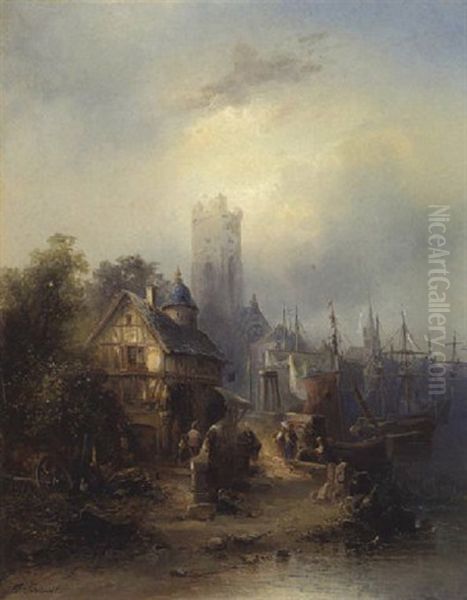 Hafenstadt (in England?) Mit Einer Schenke Und Gotischen Kirchen Sowie Am Kai Abgetakelten Segelbooten Oil Painting by Franz Emil Krause