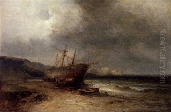 A Beached Ship Oil Painting by Franz Emil Krause