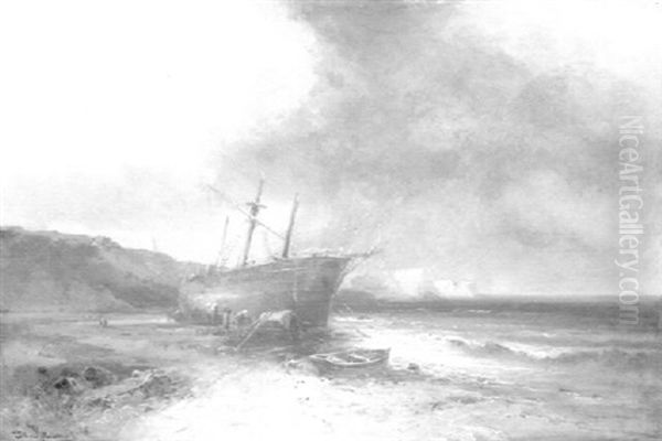 Beached Ship Oil Painting by Franz Emil Krause