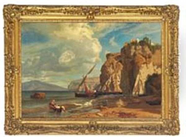 View From The Bay Of Naples With Italian Fishermen And Boats At The Beach Oil Painting by Robert Krause