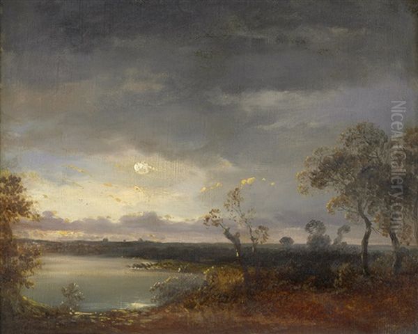 Seenlandschaft Im Mondschein Oil Painting by Wilhelm August Leopold Christian Krause