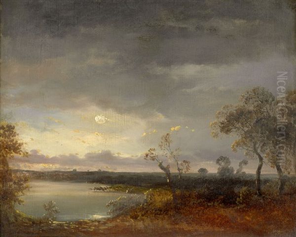 Seenlandschaft Im Mondschein Oil Painting by Wilhelm August Leopold Christian Krause