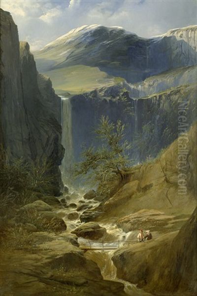 Norwegische Landschaft Bei Eide Mit Blick Auf Die Hurunger Gletscher Oil Painting by Wilhelm August Leopold Christian Krause