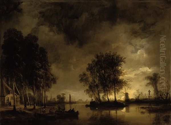 A Dutch Riverside Hamlet Under Moonlight Oil Painting by Wilhelm August Leopold Christian Krause