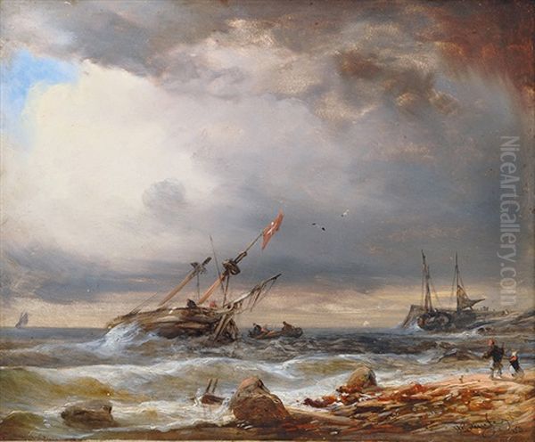 Danish Two-master Offshore Oil Painting by Wilhelm August Leopold Christian Krause