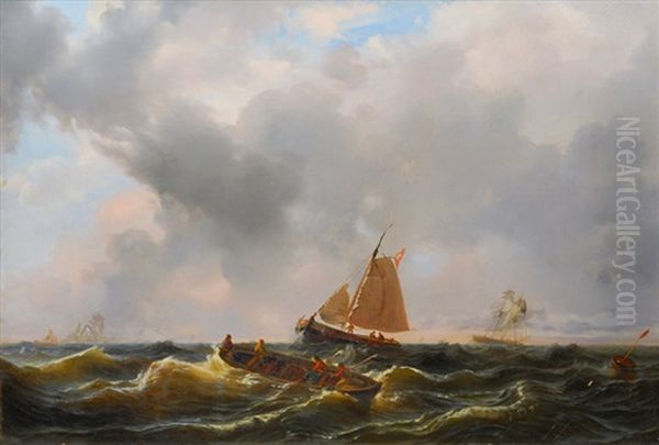 Ships Offshore Oil Painting by Wilhelm August Leopold Christian Krause