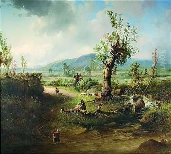 Blick In Ein Weites Tal Im Sommer, Das Im Vordergrund Durch Staffagefiguren Belebt Wird Oil Painting by Wilhelm August Leopold Christian Krause