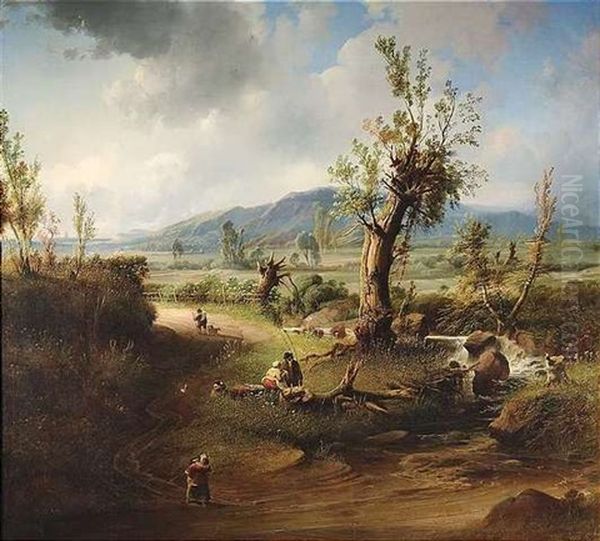 Blick In Ein Weites Tal Im Sommer, Das Im Vordergrund Durch Staffagefiguren Belebt Wird Oil Painting by Wilhelm August Leopold Christian Krause