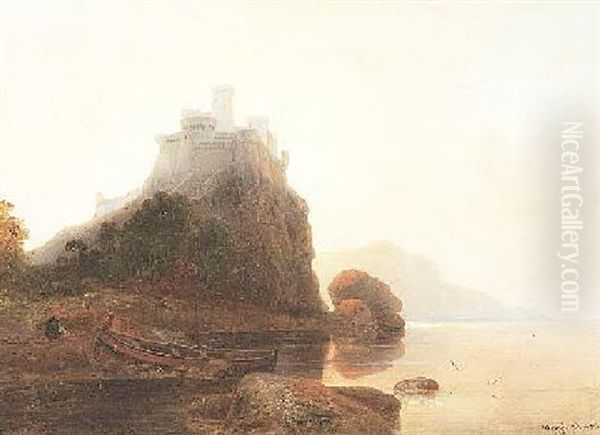 Romantische Seenlandschaft. Vorn Links Eine Burgruine. Abendstimmung Oil Painting by Wilhelm August Leopold Christian Krause