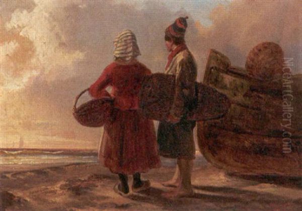 Fischerpaar Am Helgolander Strand Oil Painting by Wilhelm August Leopold Christian Krause