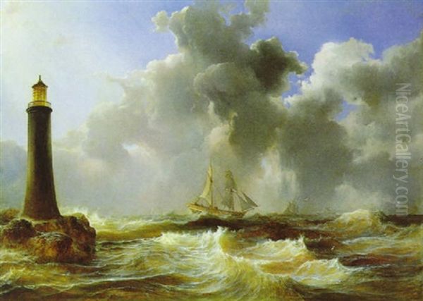 Sturmische See Mit Segelschiffen In Der Nahe Eines Leuchtturmes Oil Painting by Wilhelm August Leopold Christian Krause