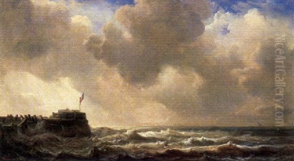 Marine Mit Sturmischer See Bei Einem Hollandischen Pier Oil Painting by Wilhelm August Leopold Christian Krause