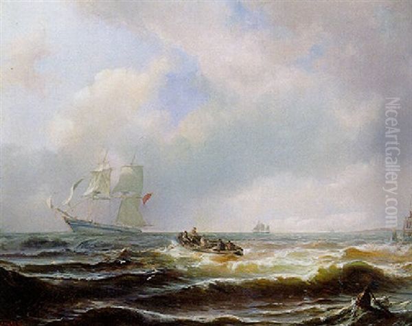 Sailors In A Rowing Boat Approaching A Clipper On A Choppy Sea Oil Painting by Wilhelm August Leopold Christian Krause