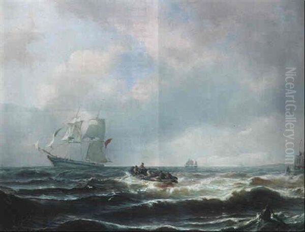 Sailors In A Rowing Boat Heading Towards A Clipper On A Choppy Sea Oil Painting by Wilhelm August Leopold Christian Krause