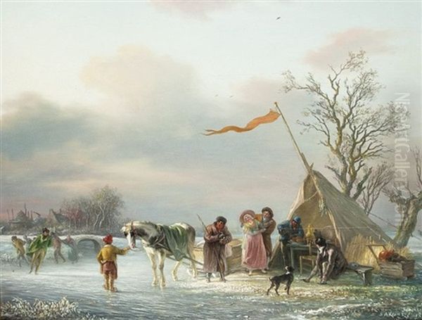 Gesellschaft Auf Dem Eis Oil Painting by Simon Andreas Krausz