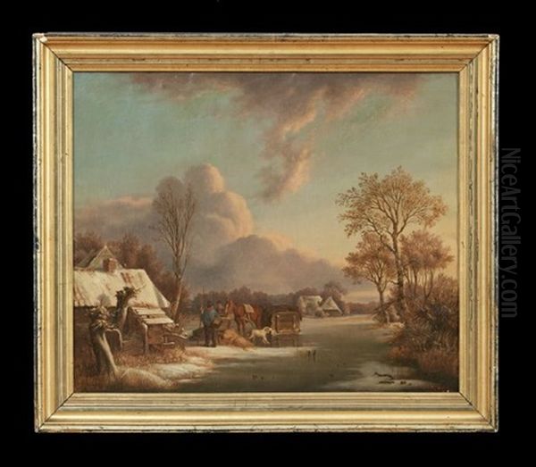 Winter Village Scene Oil Painting by Simon Andreas Krausz