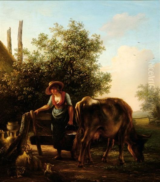 Country Woman With Her Cattle By A Fence In Front Of A Haystack Oil Painting by Simon Andreas Krausz