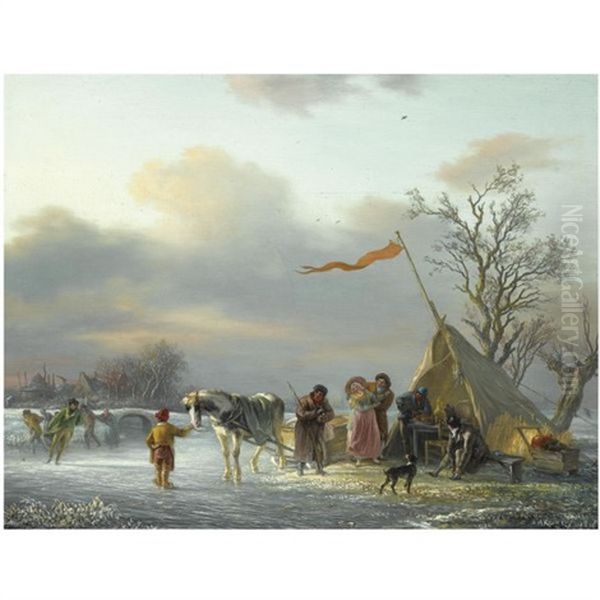 Skaters And A Horse Drawn Sledge Near A Koek En Zopie Oil Painting by Simon Andreas Krausz