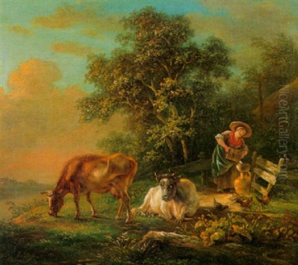 Kuhmagd Beim Melken Auf Der Weide Oil Painting by Simon Andreas Krausz