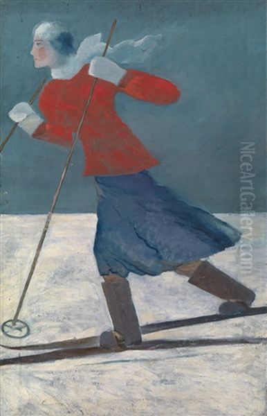 Skier Oil Painting by Aleksei Ilych Kravchenko