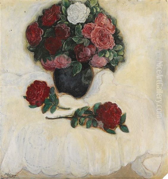 Roses In A Black Vase Oil Painting by Aleksei Ilych Kravchenko