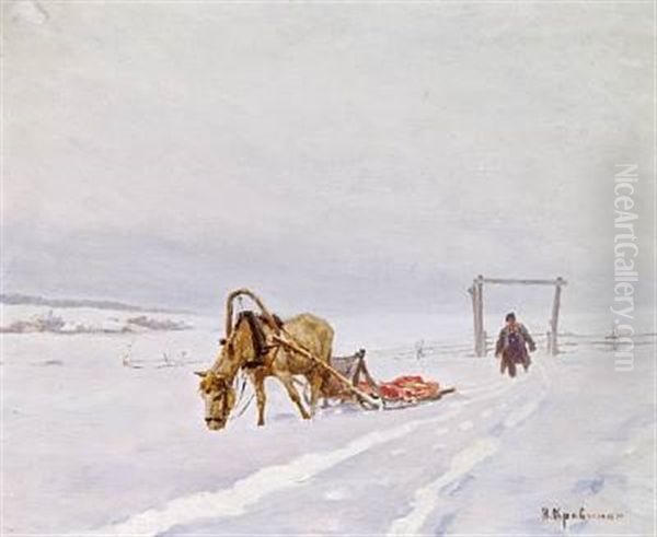 Russian Winter Landscape With A Sledge Oil Painting by Nikolai Ivanovich Kravchenko